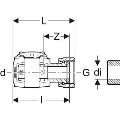 Teknisk tegning af Geberit FlowFit overgang 32x20mmx1", viser dimensioner L, Z, G, di, l og DN 25.