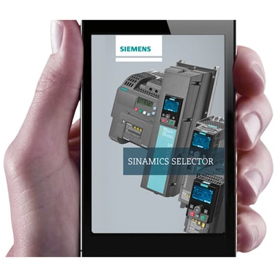 Siemens Sinamics Selector app vist på en tablet-skærm, der viser forskellige frekvensomformere.