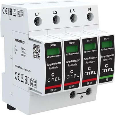 CITEL DACF25S transientbeskyttelse, type 2, 4-polet med fjernmelder og grønne displayvinduer, der viser "NOT Green = replace".