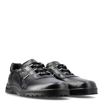 Sika Fusion snøresko i sort, størrelse 44, lavet af glat læder med sorte snørebånd og hvide striber på snørebåndene.