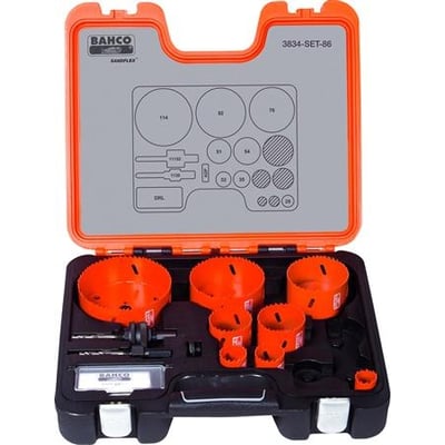 Bahco Sandflex® bi-metal hulsavesæt 3834-SET-86 med hulsave i flere størrelser og tilbehør i en åben orange og sort kuffert.