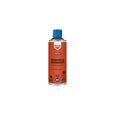 Aerosol dåse med Rocol Remover & Degreaser affedtningsmiddel, vist isoleret på en hvid baggrund.