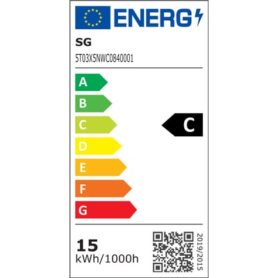Energi-mærke C for SG Armaturen Frosta 330, viser 15 kWh/1000h og QR-kode.