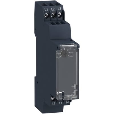Schneider Electric kontrolrelæ RM17TT00 med terminaler L1, L2, L3 i toppen og markeringer 11, 12, 14 i bunden, grå plast.