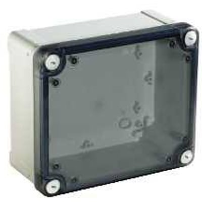 Schneider Electric Thalassa TBS ABS-kasse 275x225x80mm med tonet, gennemsigtigt låg, grå bund og fire synlige skruer. Kassen har IP66-klassificering.