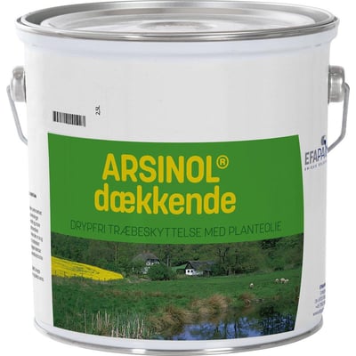 ARSIOL dækkende træbeskyttelse 2,5L spand med landskabsbillede og QR-kode.