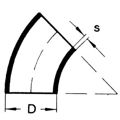 Teknisk tegning af Indura svejsebøjning 133 mm x 4 mm med 45° bøjning og markeringer for diameter D og godstykkelse S.
