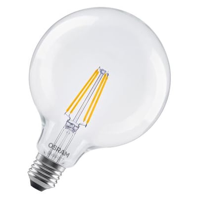 LEDVANCE SMART+ Matter LED-pære på 6 W med E27-fatning, klar rund glaskuppel og synlige filamenter.