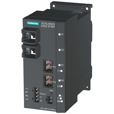 Siemens SCALANCE X202-2P IRT managed switch med RJ45- og POF SC RJ-porte, vist på hvid baggrund.