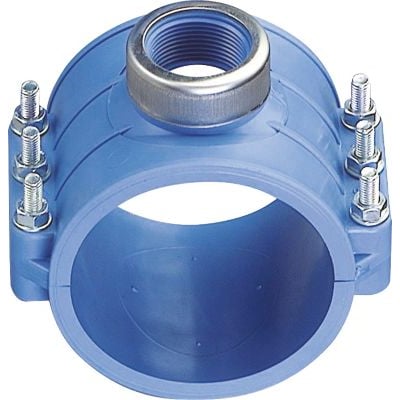 +GF+ Polyrac anboringsbøjle i blå PP med 110 mm diameter og 1.1/4" afgang. Inkluderer 6 bolte og rustfri forstærkningsring.