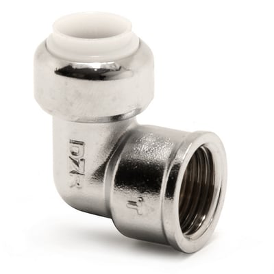 VSH Tectite vinkelmuffe i krom med en 15 mm x ½" samling, der viser gevinddetaljer og hvidt indre.