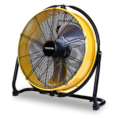 Cooler Master DF20P ventilator med gul og sort ramme, beskyttelsesgitter og drejelig stander.