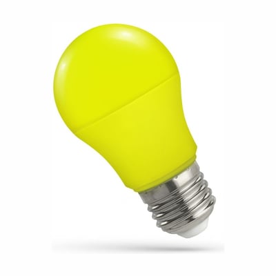 SpectrumLED gul LED-pære i A50-form med matteret overflade og synlig E27-fatning.