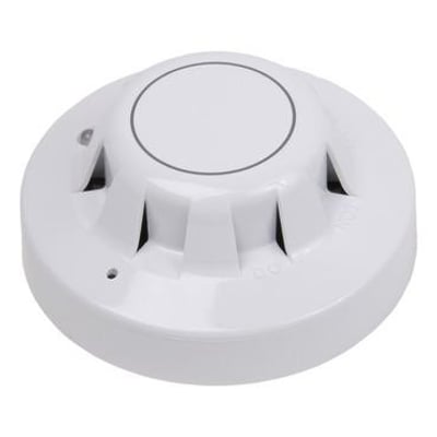 Schneider Electric S65 konventionel optisk røgdetektor i hvid plast, vist forfra med cirkulær top og ventilationsåbninger.