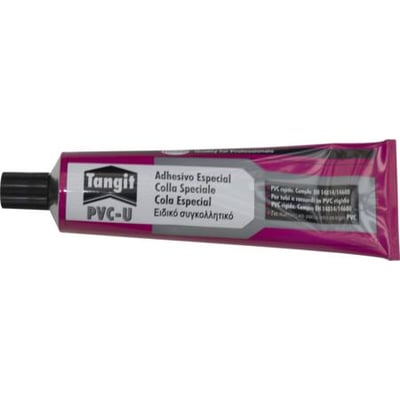 Tangit PVC-U limtube med et pink og gråt design, angivet som Adhesivo Especial til plastrør og fittings.