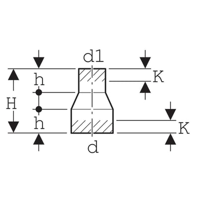 Teknisk tegning af Geberit 90 x 56 mm centrisk reduktion i sort PEH, viser dimensioner som d, d1, H og h.