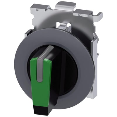 Siemens vælgerkontakt med lys, 30mm, rund, metal mat grøn finish med låsende funktion og 3 kontaktpositioner.