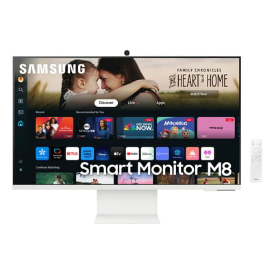 Hvid Samsung M80D computerskærm på fod set forfra med 32-tommers skærm, smartmenu og fjernbetjening ved siden af.