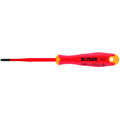 Ironside Slim VDE-skruetrækker med TX15-klinge på 100 mm, rød-gult greb og sort spids, set fra siden.