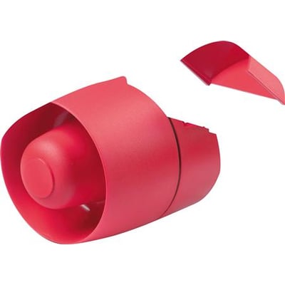 LAP-Sikkerhed lydgiver 24V, rød, EN54-certificeret, med 87-105dB lydstyrke og IP65-klassificering, vist på hvid baggrund.