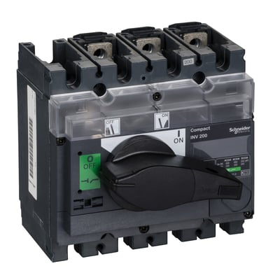 Schneider Electric INV200 lastadskiller, 3-polet, med sort håndtag og transparent dæksel viser ON/OFF funktion.