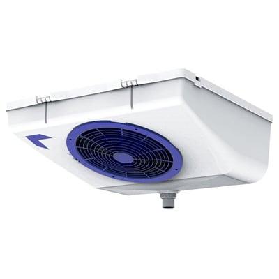 Friga Bohn AZUR M 75 R-fordamper med skråt, hvidt kabinet og blå ventilator set nedefra.