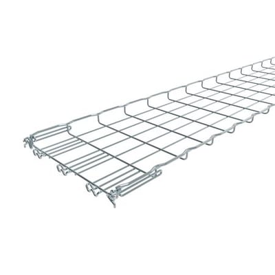 Detalje af Legrand Fasclic+ gitterbakke FC 30/300 med hurtig samlingsmekanisme for enden, vist fra siden på hvid baggrund.