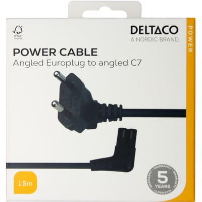 Deltaco strømkabel i original emballage, viser sort kabel med vinklede Europlug til C7 stik og 1,5m længde.