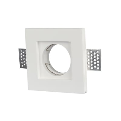 V-TAC firkantet hvid GU10 gipslampe til loftmontering med justerbare monteringsarme, sat op mod en hvid baggrund.