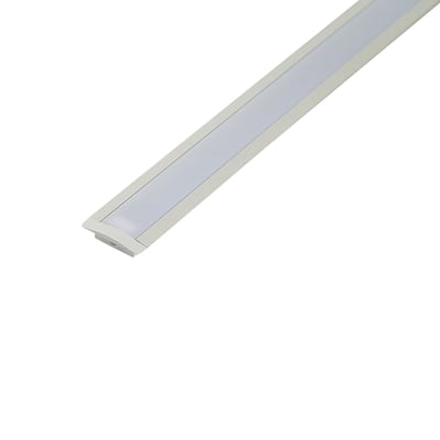 Detalje af Ansell Lighting indbygningsprofilens hvide aluminiumskant og den indvendige rille til LED-bånd.