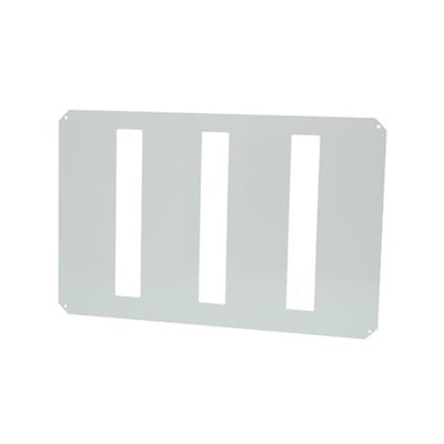 Fibox din-rammesæt til Arca vægskabe, viser et hvidt metalpanel med tre vertikale udskæringer til moduler.