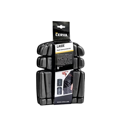 Cerva Laide skumknæbeskyttere i sort, designet til arbejdsbrug for optimal komfort og beskyttelse. Pakken viser produktet og information om certificering.