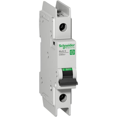 Schneider Electric automatsikring C10A, 1P, 10kA, 1 modul, med grøn og hvid mærkat.