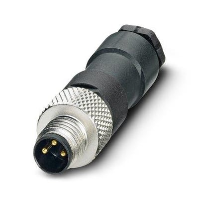 Phoenix Contact SACC-M 8MS-3CON-M sensor-aktuator konnektor med tre guld-belagte stik på hvid baggrund.