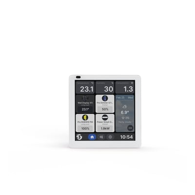 Shelly Wall Display X1i, 4″ Wi-Fi-touchskærm med hvid front og sølvfarvet ramme, viser smart home-styring og forbrugsdata.