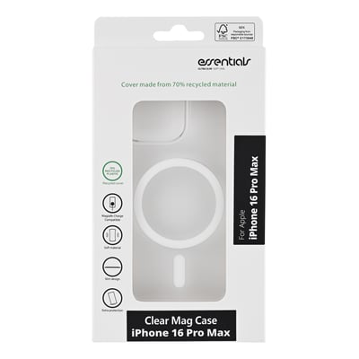 Transparent Essentials MagSafe-cover til iPhone 16 Pro Max ses gennem emballagens frontvindue.