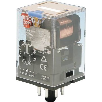 Omron MKS2PIN relæ med 8-ben, 24 VDC, viser tydeligt spolen og DPDT-kontakterne samt bunddiagram og CE-mærkning.