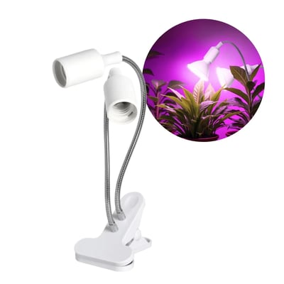 Hvid Kobi PLANTY CLIP DUO klemmelampe til grolys med to fleksible arme og E27-fatninger.