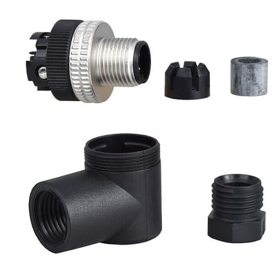 Telemecanique Sensors vinklet 4-polet M12-hanstik med Pg7, vist adskilt i sorte og metalfarvede dele.