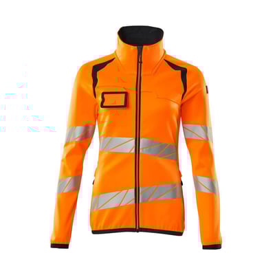 Mascot fleecetrøje 19153 i Hi-Vis orange med mørkeblå detaljer og reflekser. Trøjen har høj krave, lynlås og damepasform.