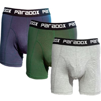 Tre par Paradox bambus herre-tights i farverne mørkeblå, mørkegrøn og grå, vist på en hvid baggrund.