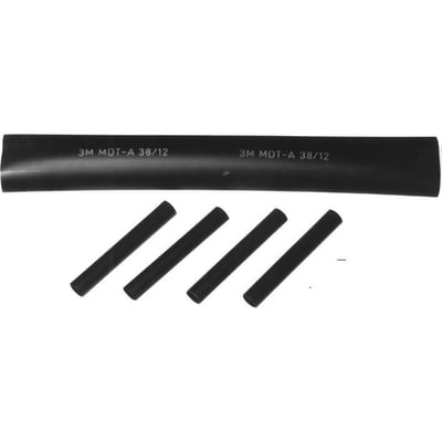 3M krympemuffe type MDT-A 38/12 i sort, vist sammen med fire mindre krympeslanger på hvid baggrund.