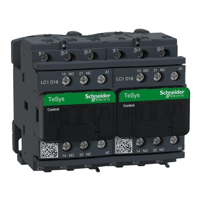Schneider Electric TeSys D kontaktor 18A 3P 230V AC, visuelt demonstrerer dens grå kabinet med grønne mærkningsfelter.