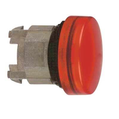 Detaljeret sideprofil af et rødt LED lampehoved fra Schneider Electric, model ZB4BV043, med monteringsmekanisme.