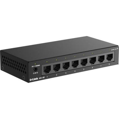 D-Link DES-105-switch med otte 10/100 Mbps-porte i sort metalhus, set skråt forfra med portene synlige.