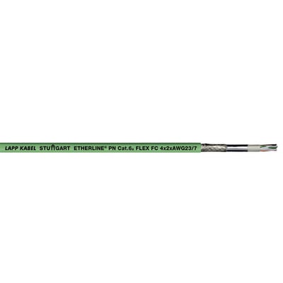 Grønt Lapp Etherline PN Cat.6A Y flex FC kabel med teksten 'LAPP KABEL STUTTGART ETHERLINE® PN Cat.6A FLEX FC 4x2xAWG23/7' vist på en hvid baggrund.