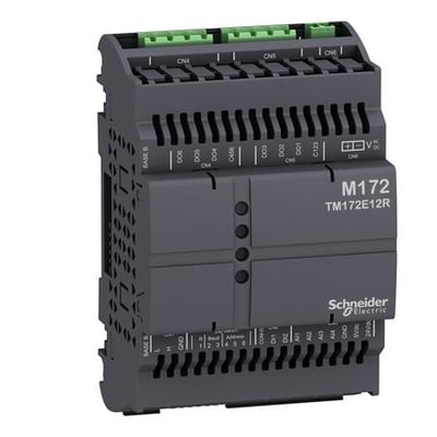 Schneider Electric M172 udvidelsesmodul med 12 I/O, model TM172E12R, i mørkegrå plast med grønne terminaler og mærkater.