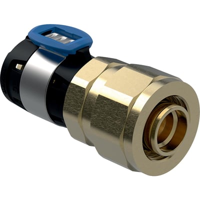 Geberit FlowFit PEX-overgang 16x16mm PN6 med union, udført i blank blyfri siliciumbronze og med et blåt plastiklås.