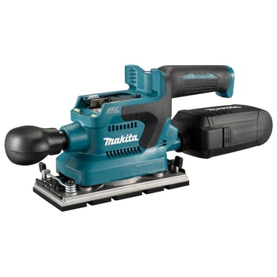 Makita DBO381ZU 18V rystepudser med gummibelagt greb og LXT batteri indikator, uden batteri.