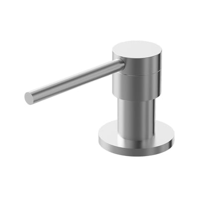 Lavabo Kubus sæbedispenser i børstet rustfrit stål med cylindrisk pumpehoved og langt greb, set skråt forfra.
